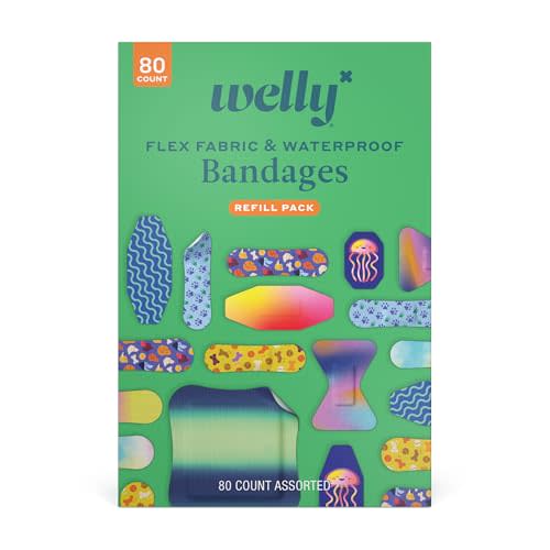 Welly Bandage Family Pack | Adhesive Flexible Fabric & Waterproof Bandages | Assorted Shapes and Patterns for Minor Cuts, Scrapes, and Wounds - 80 Count