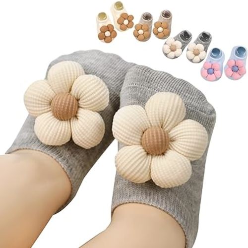 KEAINVRN 4Packs Baby Girls Socks,Flower Non-Slip Grips for Babies Toddler Princess Low Cut Ankle Socks for Girls