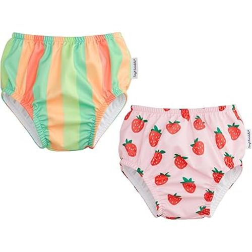Tiny Twinkle Pull-Up Reusable Swim Diapers 2-Pack | Waterproof and UPF 50+ Sun Protection | Lightweight and Absorbent | Machine Washable(Sherbet Stripes,Strawberries,12-18M)