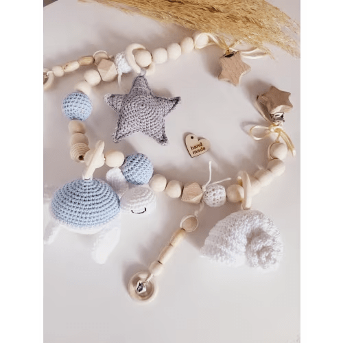 Sea Stroller chain Pram garland for New mom gift basket Wooden Stroller mobile toy New Baby shower gift Crochet Seaturtle Seashell Starfish