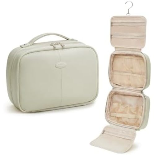 EACHY Toiletry Bag with Hanging Hook, Travel Makeup Bag PU Leather Cosmetic Bags for Women Make Up Organizer with 4 Compartments Waterproof Full-Size Portable Travel Essentials (Fog Green,Pro)