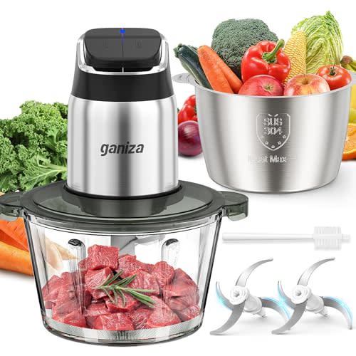 Ganiza Food Processor with Dual Bowls, 2-Speed Food Chopper & Meat Grinder | 8Cup Stainless & 8Cup Glass Bowls, Upgraded Button & Smart Overheat Protection Light - Includes Clean Brush, 2 Sets of Blades