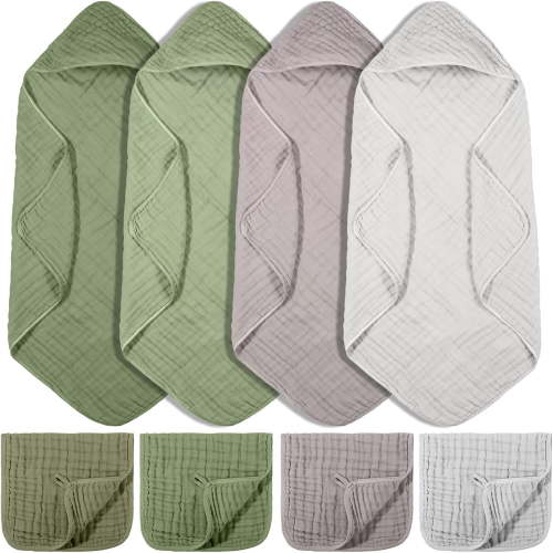 8 Pcs Baby Muslin Hooded Bath Towels and Washcloths, Muslin Hooded Baby Towels Absorbent Blankets for Gift Newborn Infant Shower (Morandi Color,32 x 32 Inch)