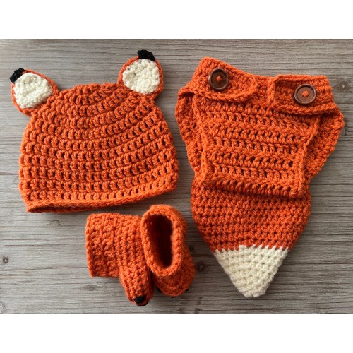 Fox Newborn Photoshoot Outfit Handmade Crochet Hat Diaper Cover Booties
