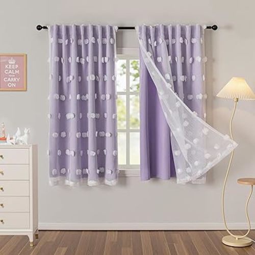 MYSKY HOME Lilac Curtains for Girls Bedroom Nursery Curtain with White Pom Pom Sheer Window Drapes Back Tab Room Darkening Double Layer 63 Inches Length 2 Panels, Light Purple, W52 X L63
