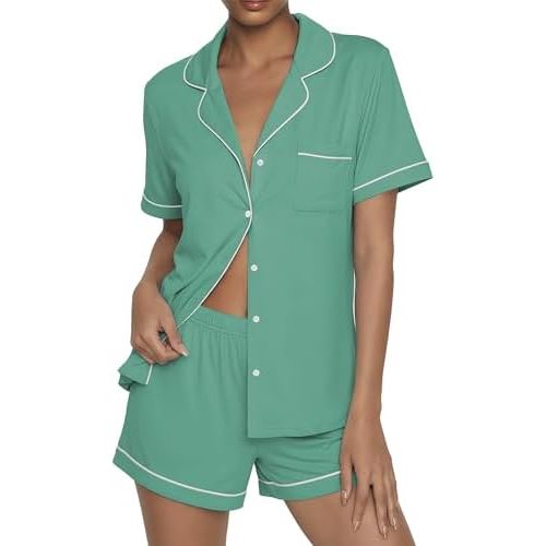 Ekouaer Womens Pajama Sets Button Up Summer Cute Pjs 2 Piece Short Sleeve Sleepwear Lounge Set S-XXL