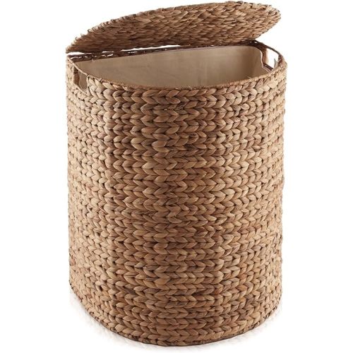Casafield Half Moon Laundry Hamper with Lid and Removable Liner Bag - Cinnamon, Woven Water Hyacinth Laundry Basket for Clothes and Towels