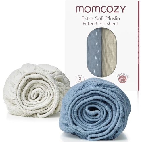 Momcozy Muslin Standard Fitted Crib Sheets, 52"x28", 2 Pack Soft Breathable Natural Cotton Baby Mattress Sheet, 360° Mattress Wrapping No Slip Boys Girls Neutral Toddler Bed Sheet, Grey Blue