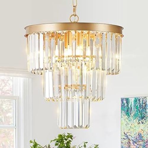 Gold Crystal Chandeliers 16" Modern 6-Light Small Pendant Light Luxury 3 Tiers K9 Crystal Ceiling Pendant Round Light Fixture for Dining Room Entryway Kitchen Bedroom Closet