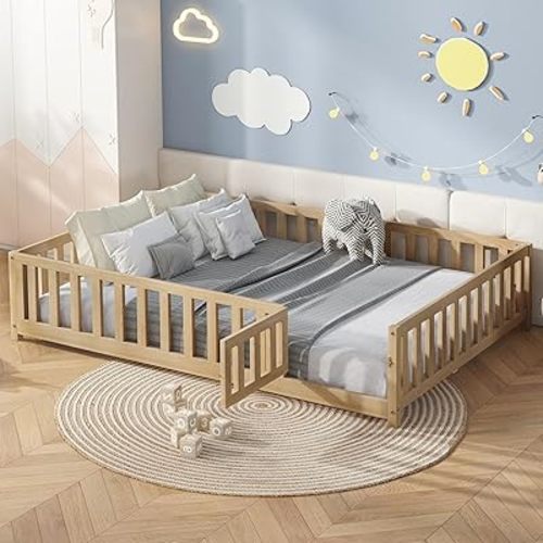Bellemave Floor Bed Full Size Montessori Bed Frame with Fence and Door, Wooden Full Platform Bed for Kids, Boys Girls, Solid Wood Full Bed, No Box Spring Needed,Natural