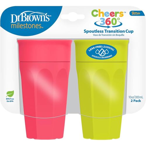 Dr. Brown's Milestones Cheers 360 Spoutless Transition Cup, Travel Friendly and Leak Free Sippy for Babies and Toddlers, Green and Pink, BPA-Free, 10 oz/300 mL, 9m+
