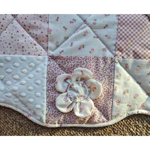 Sensory Baby Play Mat - Pink Patchwork Quilted Tummy Time Mat - Scalloped Interactive Activity Mat with Crinkle Toys - Baby Shower Gift