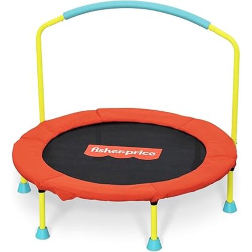 Fisher-Price Mini Trampoline, WonderJump 3ft Round Indoor Toddler Kids Trampoline with Stabilizing Handlebar