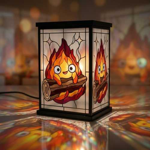Calcifer FAUX Stained Glass Lamp - Ho/wl's Mo/ving Ca/st/le Inspired Light - Anime Home Decor Fan Gift - Unique Fantasy Table Lamp