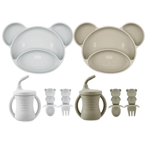 PandaEar Silicone Baby Feeding Set, Baby Led Weaning Supplies 8 Pcs, Divided Suction Plates, Sippy Cup, Spoons & Forks for Toddler 6 Months+