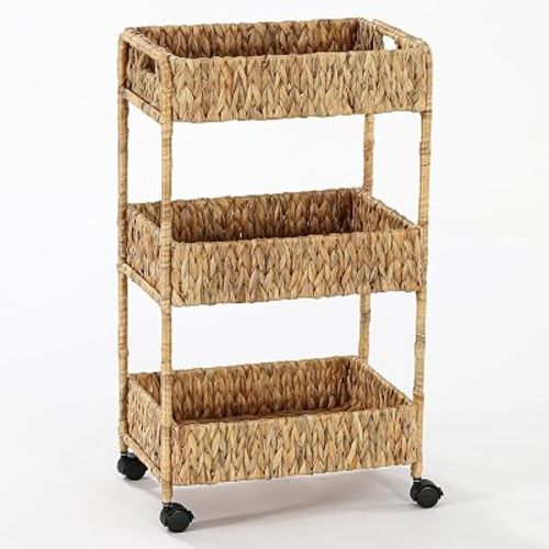 3-Tier Water Hyacinth Rolling Cart, Utility Storage Cart with Wheels