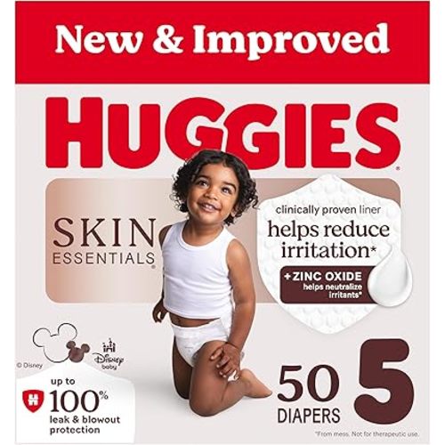 Huggies Size 5 Diapers, Skin Essentials Baby Diapers, Size 5 (27+ lbs), 50 Count, Packaging May Vary