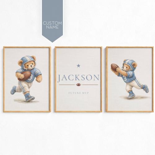 Personalized Football Nursery Wall Art Set: Teddy Bear Prints, Custom Name Decor (Digital Download)