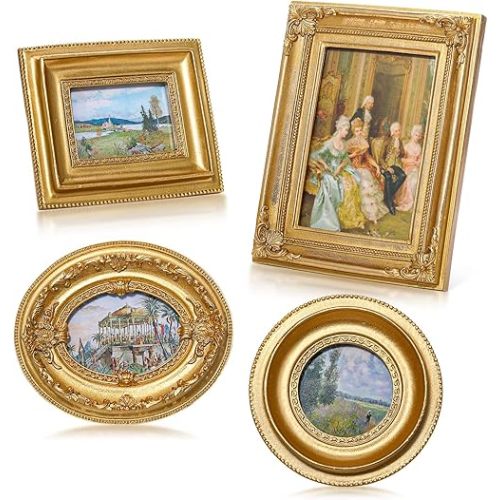 Geetery 4 Pcs Christmas Vintage Picture Frames Set Mini Antique Picture Frame Small Luxury Ornate Oval Circle Rectangle Wall Hanging for Gallery Wall Photo Display Tabletop Home Decor(Gold)