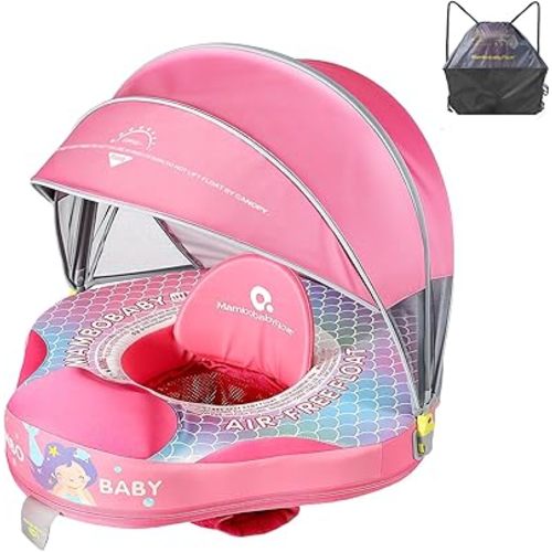 Mambobaby Baby Pool Float with Canopy, Non-Inflatable Infant Swim Float with Safe Seat and Tail Support for 3-24 Months, UPF 50+ Sun Protection