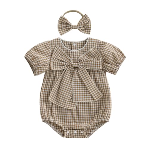 JLKGICF Newborn Baby Girl Summer Outfits Applique Plaid Romper T-shirt Short Sleeve Ruffle Bubble Bodysuit Infant Clothes