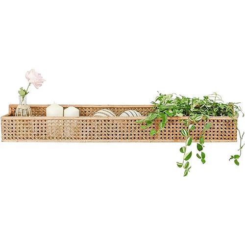 Boho Long Rattan Wall Shelves Farmhouse Woven Wall Mounted Shelf Basket Organizer Storage Rustic Floating Hanging Shelf for Livingroom Home Decor
