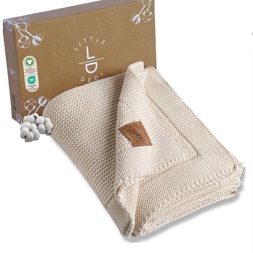 100% Organic Cotton Baby Knitted Blanket with Gift Box - Soft Toddler, Crib, Stroller Blanket - Neutral Swaddle and Receiving Blanket for Newborns, 30"x40", Stone