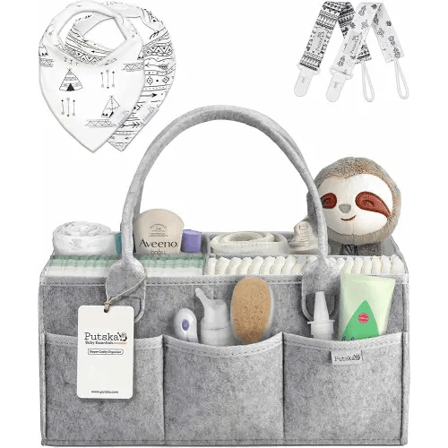 Putska Baby Diaper Caddy Organizer - Gift Registry For Baby Shower, Nursery Organizer, Neutral Baby Changing Table Organizer With Bibs And Pacifier Clips (A Diaper Caddy set)