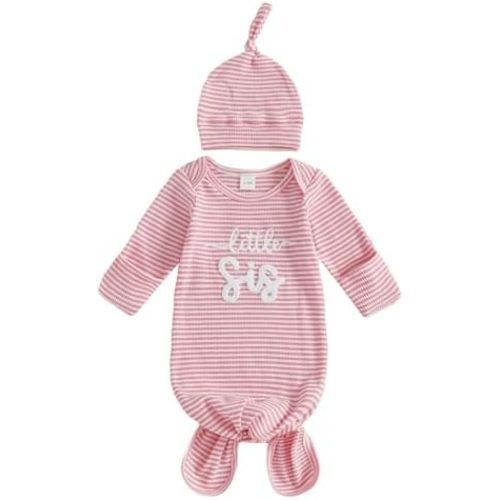 Little Sis Baby Gown for Newborn Hospital Pjs Long Sleeve Striped Knotted Nightgown Infant Girls Coming Home Outfits