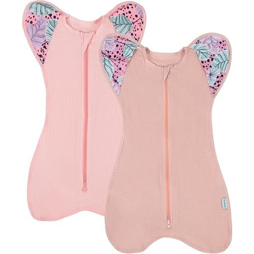 Muslin Cotton Transition Swaddle Sack with 2-Way Zipper, Self-Soothing Sleep Sack with Arms up,2 Pack (Gentle Style, 3-6 Months)