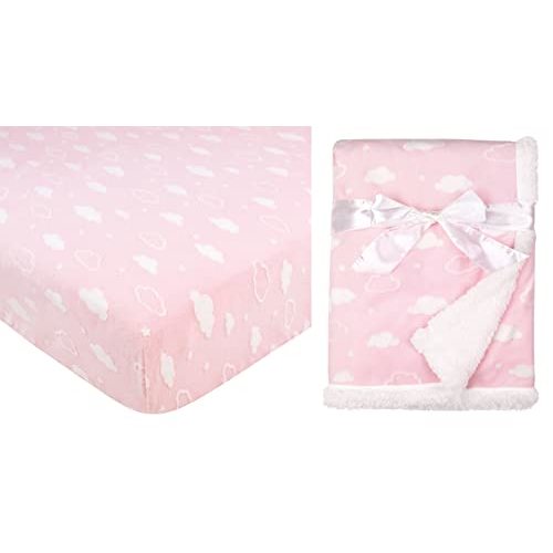 American Baby Company Heavenly Soft 2 Piece Chenille/Sherpa Crib Sheet & Blanket Set, Crib Sheet (52" x 28") & Receiving Blanket (30" x 35"), 3D Cloud Pink, for Boys and Girl
