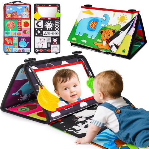 Baby Mirror Tummy Time Toys 0-6 Months with Crinkle Cloth Books Infant High Contrast Newborn Sensory Black and White Toy for 0-3 4 5 6 Months Must Haves Babies 3-6 6-12 Month Boy Girl Shower Gifts