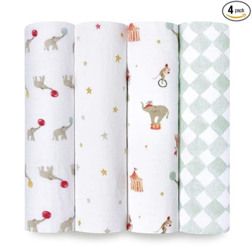 aden + anais Essentials Baby Muslin Swaddle Blankets, Newborn Receiving Blanket for Swaddling, 100% Cotton Baby Swaddle Wrap, 4 Pack, Elephant Circus