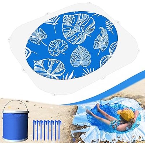 Baby Beach Pool, 2-in-1 Waterproof Beach Blanket & Kiddie Pool, 6.5 x 6.5 Feet Portable & Foldable Baby Pool for Beach w/Collapsible Water Bucket, Stakes, Easy to Set Up & Clean (Blue)