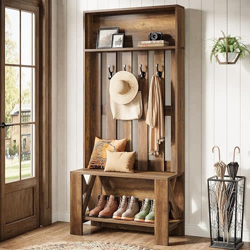 Tribesigns Hall Tree with Bench and Shoe Storage, Farmhouse Entryway Bench with Coat Racks, 70.8" Tall Wooden Hall Tree Organizer with 4 Hooks for Mudroom, Hallway, Bedroom, Space-Saving, Brown