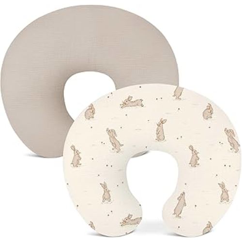 Nursing Pillow Covers 2 Pack, Muslin Nursing Cover for Breastfeeding Pillows, Comfortable for Baby Girls and Boys (Rabbit B & Beige)
