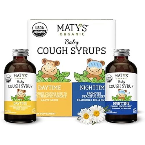 Matys Organic Baby Cough Syrup Day & Night Value Pack For Babies & Infants 3 Months + Up, Soothing Daytime & Nighttime Cough Relief, Made with Agave Syrup, Melatonin & Dye Free, 2 Pack, 2 Fl Oz Each