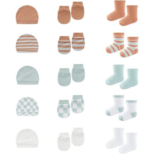 15 Pack Infant Hats Gloves Socks Unisex Baby Boy Girl Accessories Set Cotton New Born Caps Mittens
