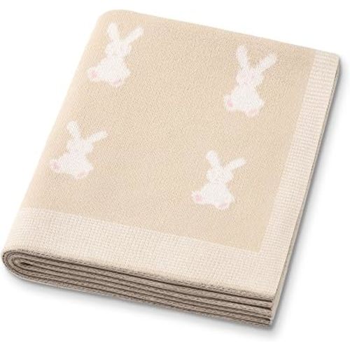 Organic Cotton Baby Blanket - Soft Luxury Knit Receiving Blanket for Newborns & Toddlers, Cozy Breathable Stroller Blanket with Pattern, Unisex, 30x40Inch(Bunny-Khaki)