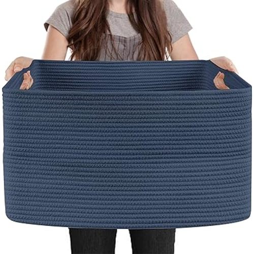 Extra Large Rectangle Storage Basket, 23.6" x 17" x 12" Dark Blue Blanket Storage for Living Room, Large Woven Cotton Rope Storage Box, Soft Kids Toy Basket Organizer Bin, Big Wicker Basket