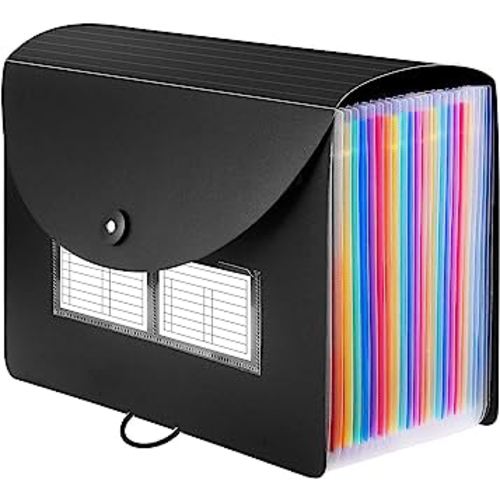Sooez 24 Pockets Expanding File Folder with Blank Labels, According File Organizer with Expandable Cover, Desktop Accordion Folders Letter A4 Paper Document Storage Organizer, Black