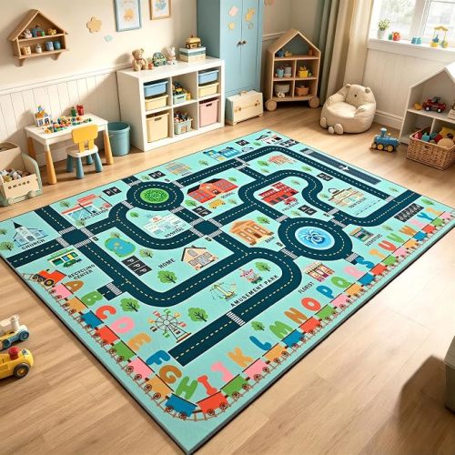 Teal Keeko Play Rug 5'x7' Non Slip Washable Road Car Track Playmat | Educational City town road track rugs for bedroom, playroom, nursery & classroom