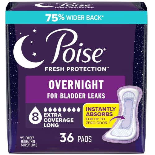 Poise Overnight Incontinence Pads for Women, 8 Drop, 36 ct | Extra Coverage, All-Night Protection, Wide Back, Instantly Absorbs, Bladder Leaks
