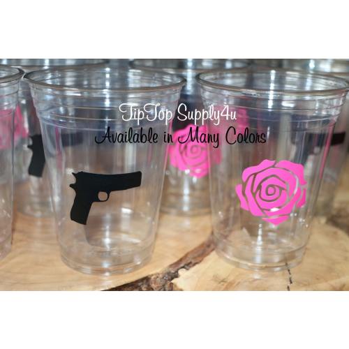 24+ Guns N Roses clear disposable cups or 20+ vinyl decals. Baby Shower, Gender reveal, Birthday party, pistol,rose, sprinkle party.C219+164