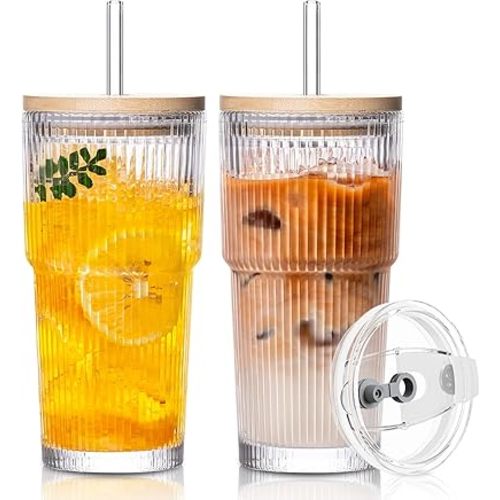 SoulTimes 20oz Glass Cups with Lids and Straws, Ribbed Glass Tumbler for Iced Coffee, Smoothie, Juice & Cold Drinks, Reusable Thick Glassware Set, Elegant Home & Travel Drinkware【2 Pack】
