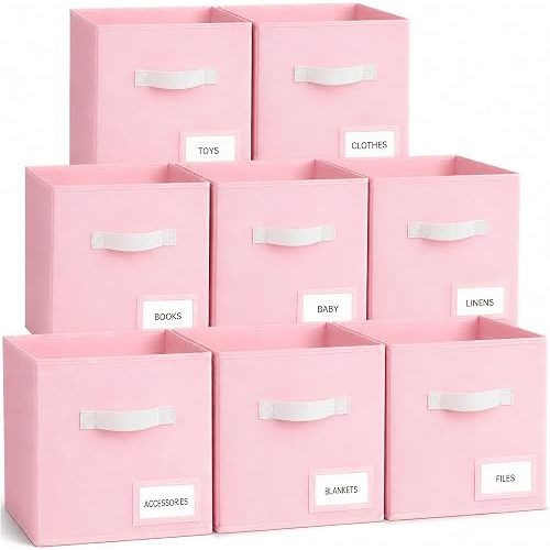 Storage Cubes 8 Pack, 11 Inch Fabric Storage Cubes Organizer Bins with Labels, Odor-Free & Sturdy PP Structure, Cubby Baskets for Closet, Shelves, Toys & Nursery ( Pink)