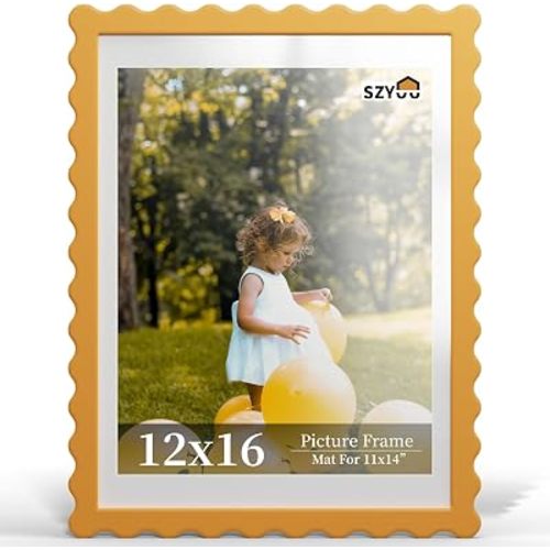 12x16 Wavy Picture Frame with Mat for 11x14, Real Glass and Wooden Frame - Wall Hanging Photo Frame(1 Pack,Yellow)