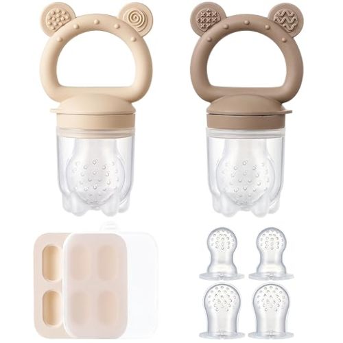 2 Pack Silicone Baby Fruit Feeder with Mini Freezer Tray, Breastmilk Popsicle Molds for Baby Teething Relief, Teethers, Fresh Food Feeder for Safe Infant Self Feeding, Extra Food Pouches - Chocolate