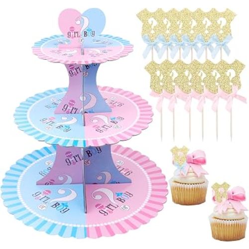 Gender Reveal Decorations Cupcake Stand and 12 Pieces Glitter Gender Reveal Cupcake Toppers Pink and Blue 3-Tier Boy or Girl Theme Cupcake Tower for Baby Shower Supplies Decoration