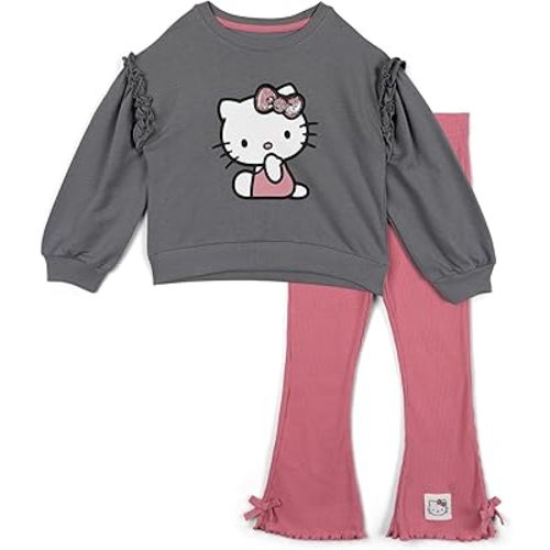 Hello Kitty Girls Fleece Pullover Sweatshirt and Ribbed Flare Leggings Outfit Set Toddler to Big Kid Sizes (4T - 14-16)